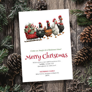 Festive whimsical chickens Christmas greeting card