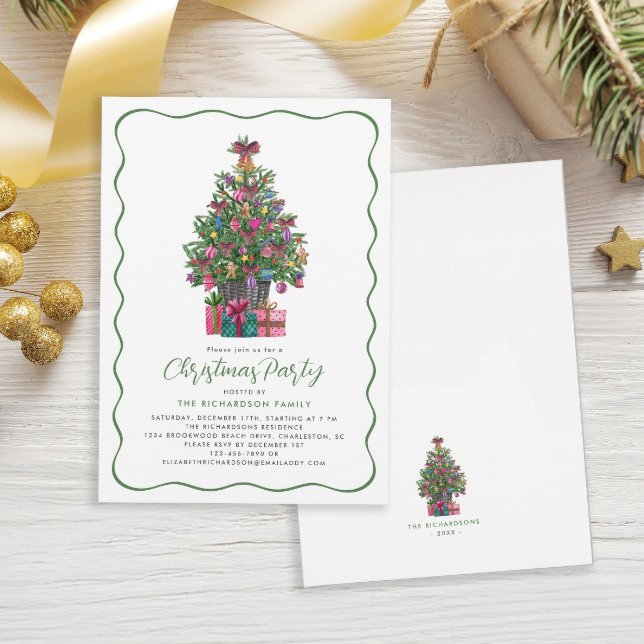 Festive Whimsical Christmas Tree Party Green Invitation (Festive Whimsical Christmas Tree Party Green Invitation)