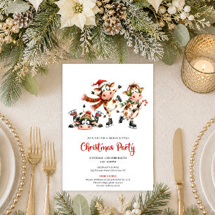 Festive Whimsical Cows Red Green Christmas Party Invitation