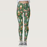 Festive Whimsical Cute Nutcracker Ballet Green Leggings<br><div class="desc">Whimsical and magical mixed media pattern made with Christmas nutcracker ballet characters and faux golden snowflakes,  glitter and foliage.</div>