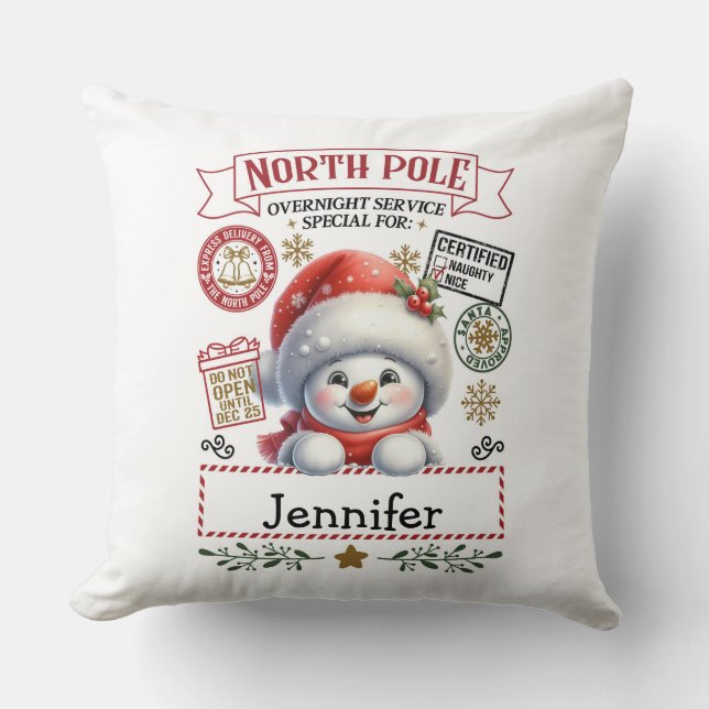 Festive Whimsical Snowman Throw Pillow (Front)