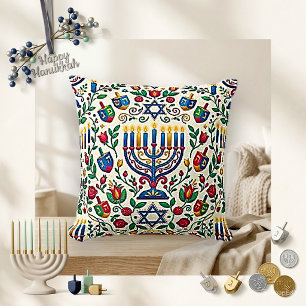 Festive White Folk Menorah Dreidel Cushion