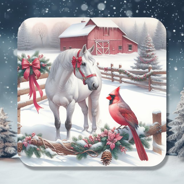 Festive White Horse and Cardinal Christmas Square Sticker (Creator Uploaded)
