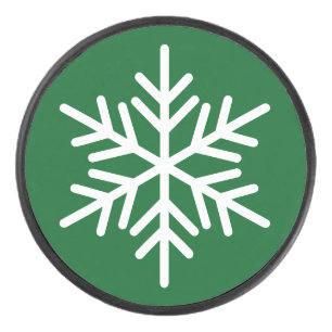 Festive White Nordic Snowflake On Alpine Green Hockey Puck