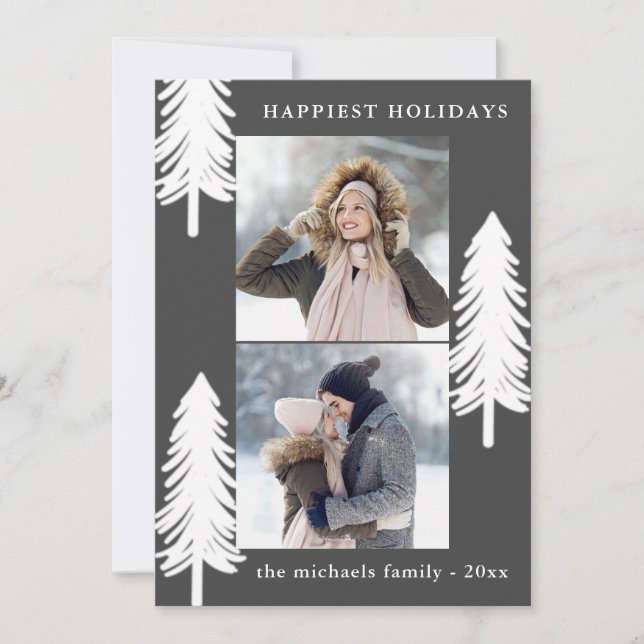 Festive White Pine Trees Two Photo Holiday (Front)