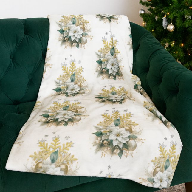 Festive White Poinsettia Christmas Fleece Blanket (Elegant White Christmas fleece blanket with Gold snowflake and white poinsettia floral arrangement. )