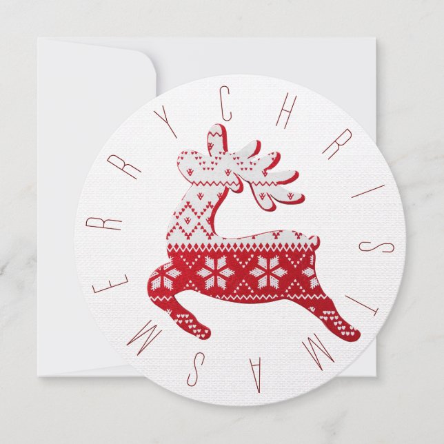 Festive White & Red Christmas Knit Reindeer  Holiday Card (Front)