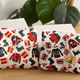 Festive White, Red & Green Ugly Christmas Sweater Wrapping Paper Sheet