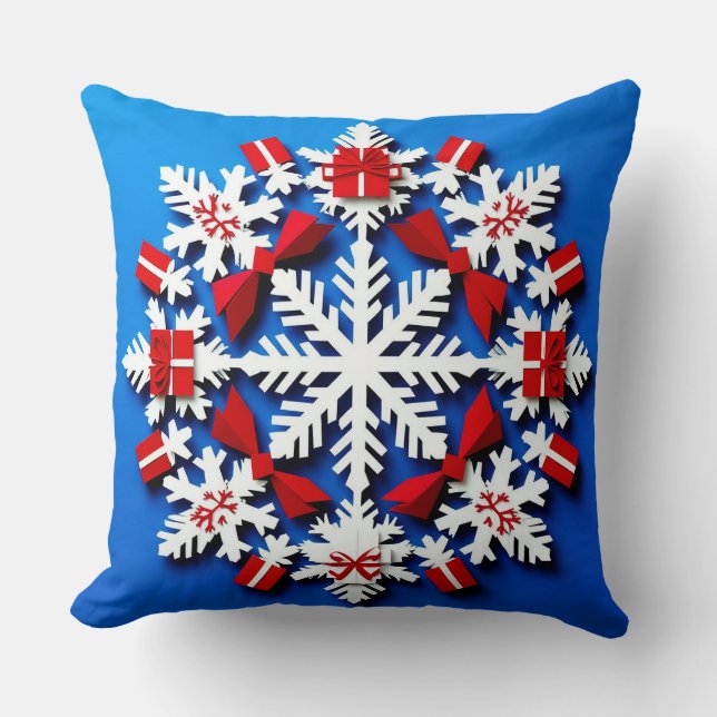 Festive White Snowflake With Red Gift Cushion (Front)