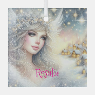 Festive White Watercolor Ethereal Frost Snow Angel Glass Tree Decoration