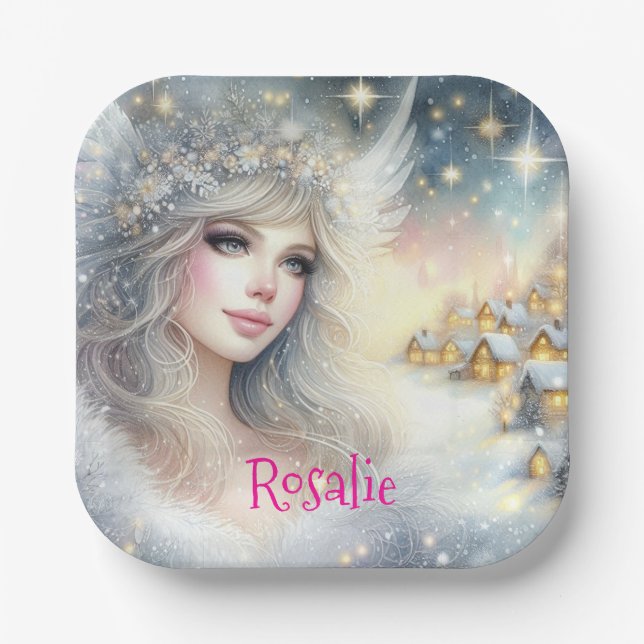 Festive White Watercolor Ethereal Frost Snow Angel Paper Plate (Front)