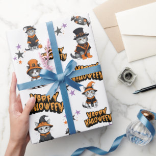 Festive White Witch Cats in Halloween Disguise Wrapping Paper