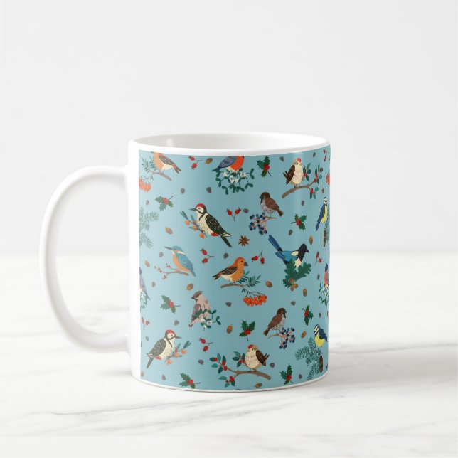 Festive Winter Birds Christmas Pattern Coffee Mug (Left)