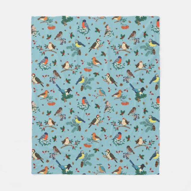 Festive Winter Birds Christmas Pattern Fleece Blanket (Front)