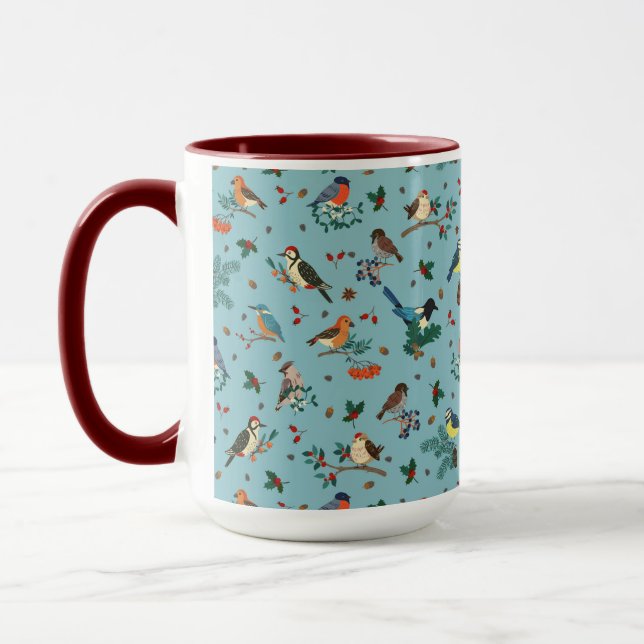 Festive Winter Birds Christmas Pattern Mug (Left)