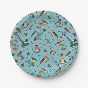 Festive Winter Birds Christmas Pattern Paper Plate