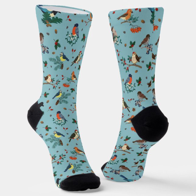 Festive Winter Birds Christmas Pattern Socks (Angled)