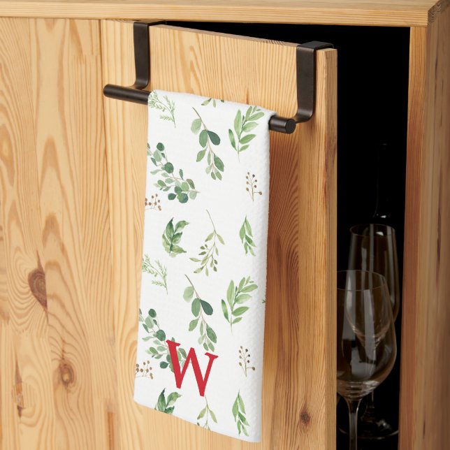 Festive Winter Botanicals Monogram Holiday Tea Towel (Thirds Fold)