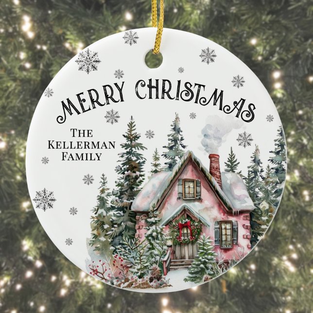Festive Winter Cabin Merry Christmas Ceramic Tree Decoration (Festive Winter Cabin Merry Christmas Ceramic Ornament )