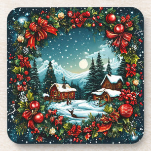 Festive Winter Cabin Scene by Christmas Wreath Coaster