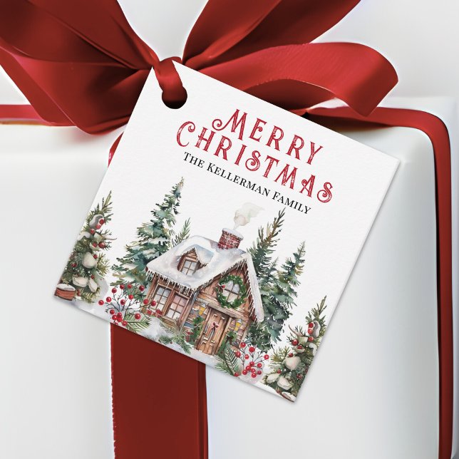 Festive Winter Cabin Watercolor Christmas Favour Tags (Festive Winter Cabin Watercolor Christmas Favor Tags)