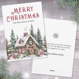 Festive Winter Cabin Watercolor Christmas Holiday Card