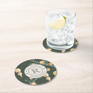 Festive Winter Charm: Chic Watercolor Monogrammed Round Paper Coaster