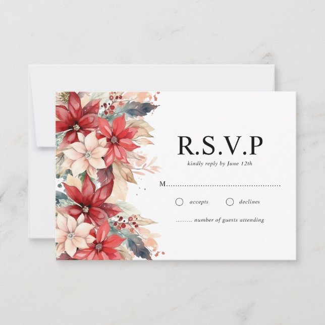Festive Winter Christmas Florals Wedding RSVP Card (Front)