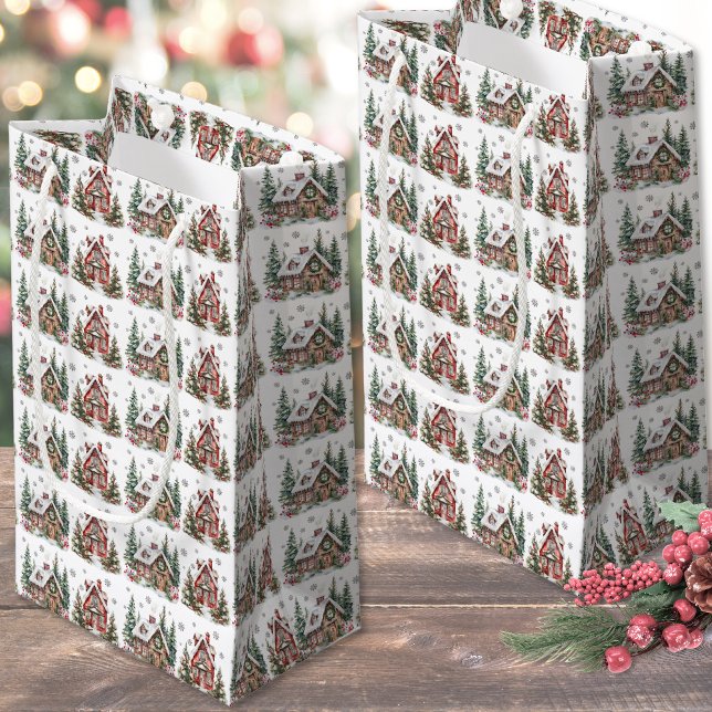 Festive Winter Christmas Small Gift Bag (Festive Winter Cabin Watercolor Christmas Small Gift Bag)