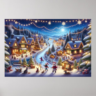 Festive Winter Christmas Village Night Poster