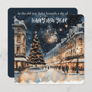 Festive Winter Cityscape with Fireworks  Holiday Card