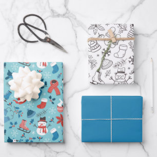 Festive Winter Cute Doodle Colourful Black White Wrapping Paper Sheet