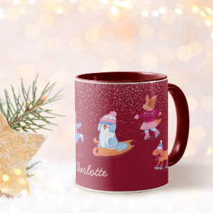 Festive Winter Cute Ice Skating Dogs Red Name Mug