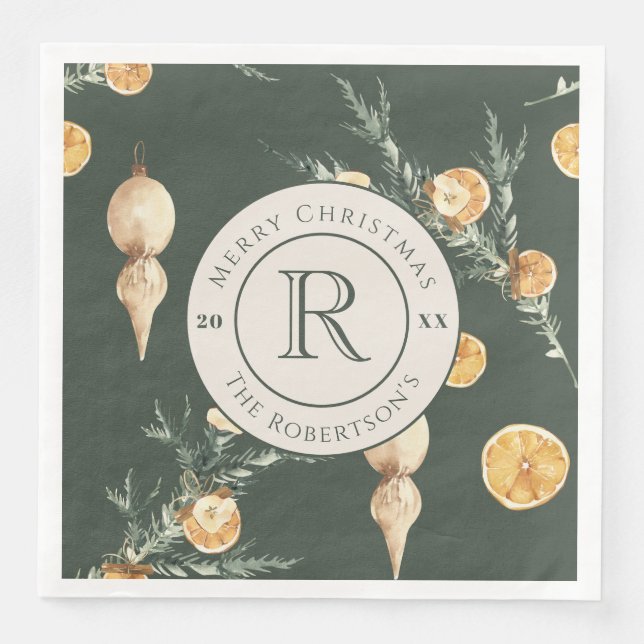 Festive Winter Elegance: Watercolor Monogrammed Napkin (Front)