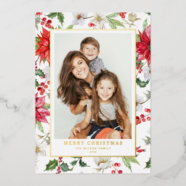 Festive Winter Floral Pattern Christmas Photo (Front)