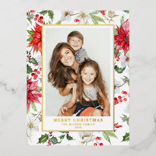 Festive Winter Floral Pattern Christmas Photo Foil Holiday Postcard