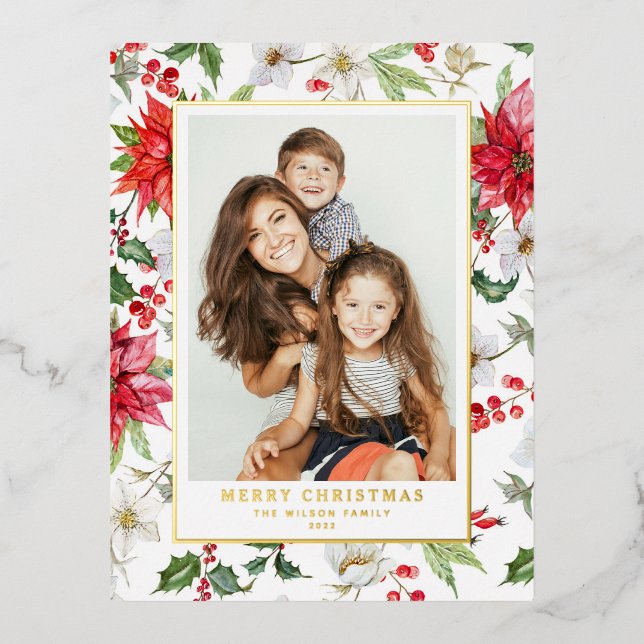 Festive Winter Floral Pattern Christmas Photo Foil Holiday Postcard (Front)