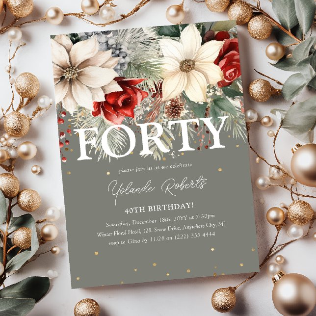 Festive Winter Florals 40th Birthday Invitation (Creator Uploaded)
