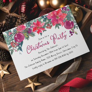 Festive Winter Florals And Berries Christmas Party Invitation