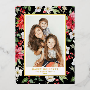 Festive Winter Flowers Pattern Black Photo Foil Holiday Postcard