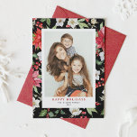 Festive Winter Flowers Pattern Black Photo Holiday Card<br><div class="desc">Happy Holidays! Give warm holiday greetings to your family and friends with this customisable photo holiday flat card. It features watercolor botanical pattern of red poinsettia, winterberries, holies, paperwhites and greenery accents. Personalise this watercolor holiday card by adding your own details. This floral holiday card is available in a variety...</div>