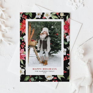 Festive Winter Flowers Pattern Black Photo Holiday Postcard