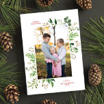 Festive Winter Greenery Elegant Botanical Photo  Holiday Card<br><div class="desc">This elegant holiday photo card features a beautiful photo frame of watercolor leaves and berries. The text is customisable. This design accommodates one vertical photo. The backer is a classic white which is also customisable. Additional text and/or photos can be added to the back as well by using the "design...</div>