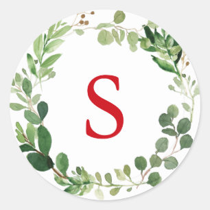 Festive Winter Greenery Monogram Holiday Botanical Classic Round Sticker