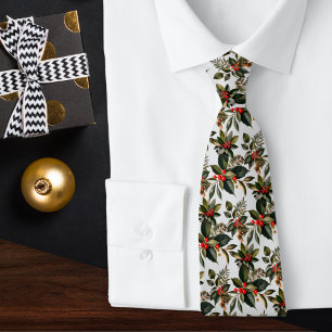 Festive Winter Greenery Red Berries Christmas Tie