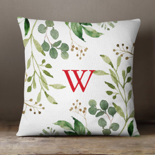 Festive Winter Greenery Watercolor Monogram Cushion