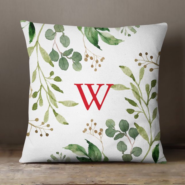 Festive Winter Greenery Watercolor Monogram  Cushion (Creator Uploaded)
