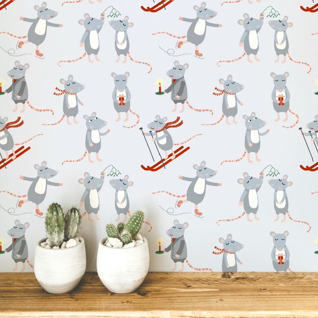 Festive Winter Holiday Mice Blue Wallpaper (Fun winter mice art wallpaper)