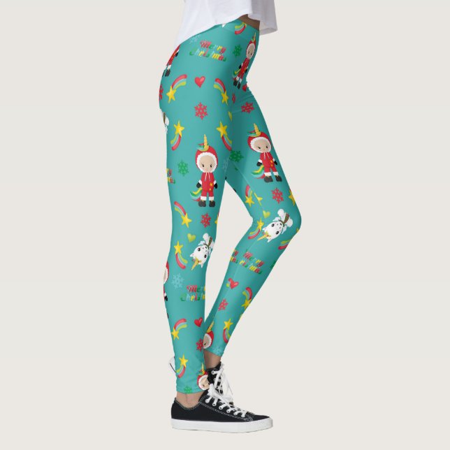Festive Winter Holiday Rainbow Unicorn Christmas Leggings (Right)