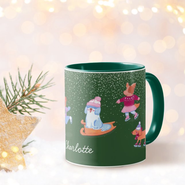Festive Winter Iceskating Dogs Xmas Green Name Mug (Creator Uploaded)